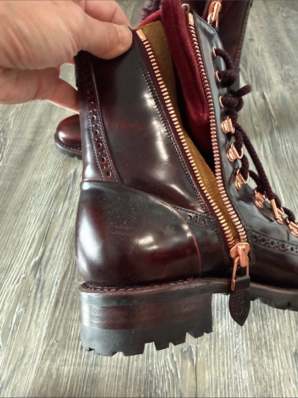 Women's Burgundy Lace-Up Wingtip Boots with Contrast Suede Tongue - Picture 4 of 8